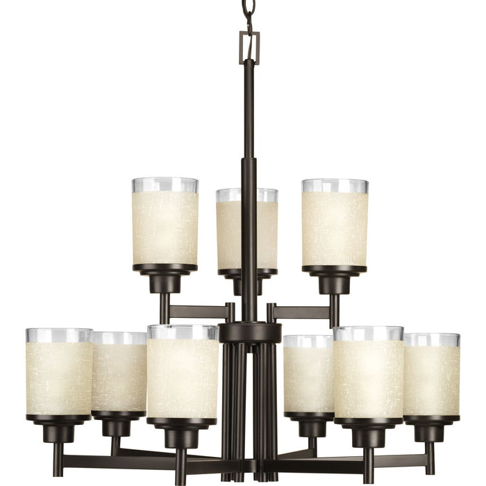 Progress P4626-20 Alexa Collection Nine-Light Antique Bronze Etched Umber Linen With Clear Edge Glass Modern Chandelier Light Main Image.jpg