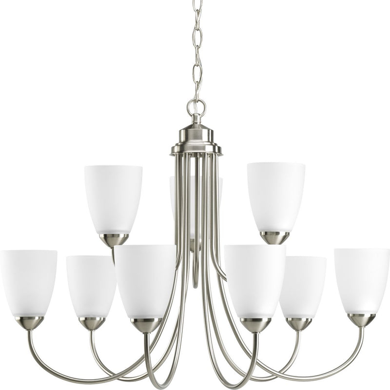 Progress P4627-09 Gather Collection Nine-Light Brushed Nickel Etched Glass Traditional Chandelier Light Main Image.jpg