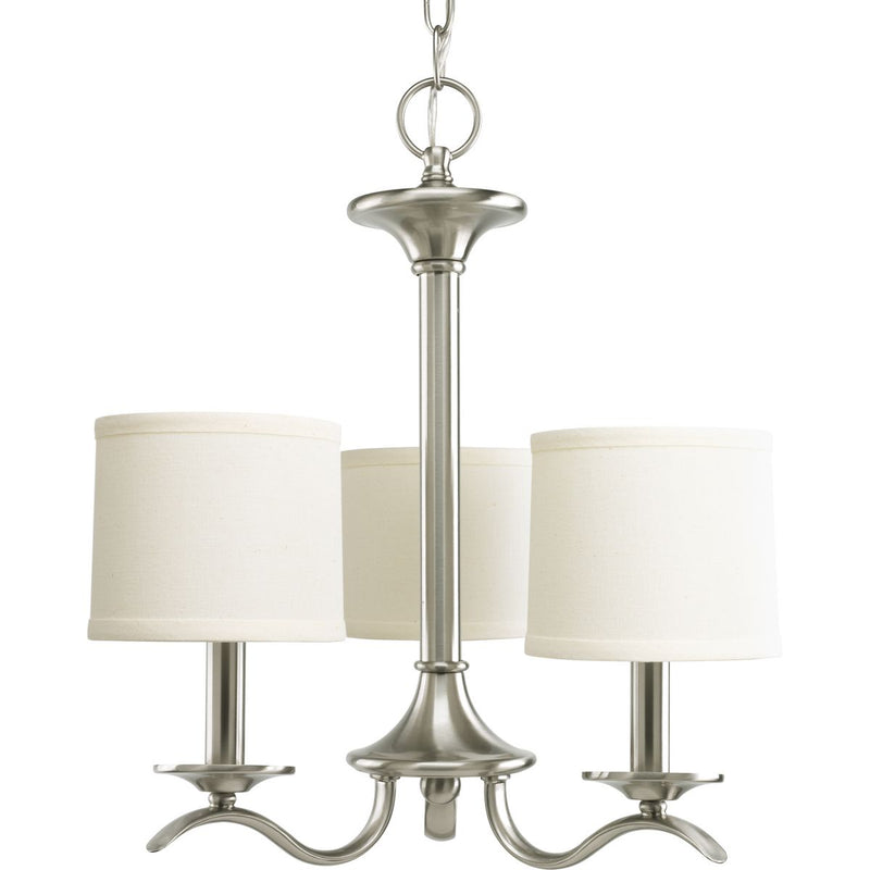 Progress P4632-09 Inspire Collection Three-Light Brushed Nickel Off-White Linen Shade Traditional Chandelier Light Main Image.jpg