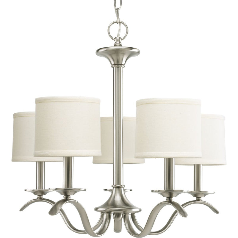 Progress P4635-09 Inspire Collection Five-Light Brushed Nickel Off-White Linen Shade Traditional Chandelier Light Main Image.jpg