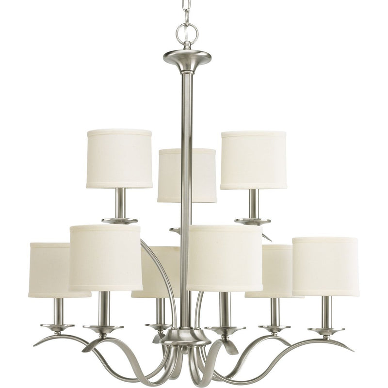 Progress P4638-09 Inspire Collection Nine-Light Brushed Nickel Off-White Linen Shade Traditional Chandelier Light Main Image.jpg