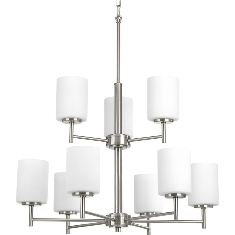 Progress P4726-09 Replay Collection Nine-Light Brushed Nickel Etched Glass Modern Chandelier Light Main Image.jpg