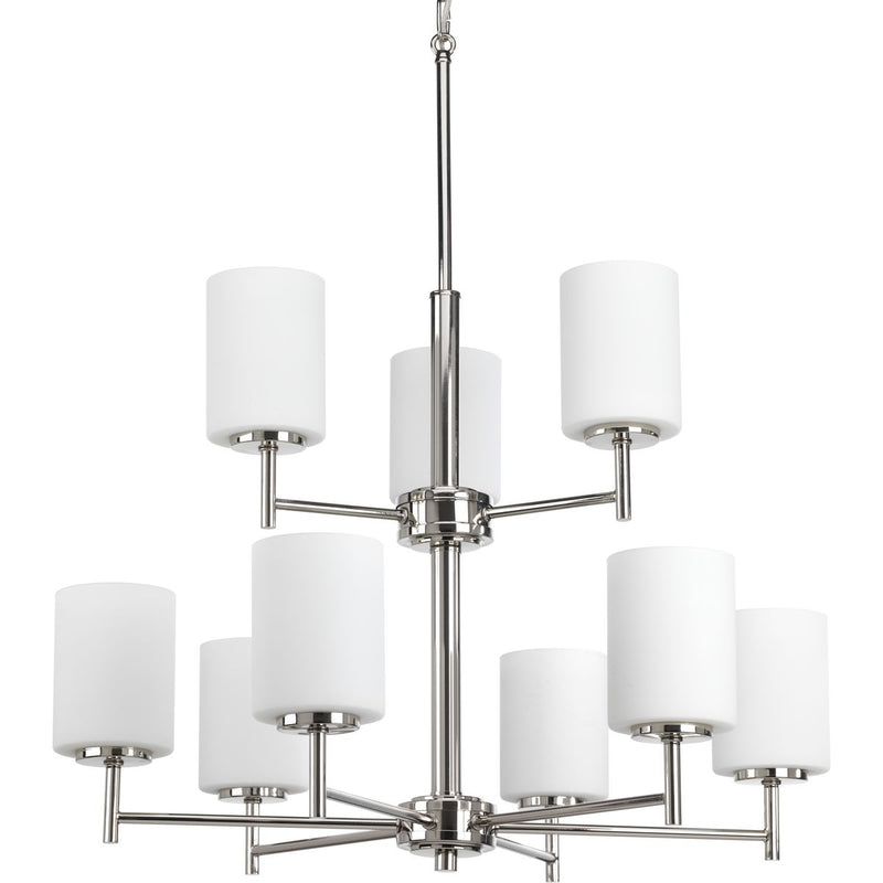 Progress P4726-104 Replay Collection Nine-Light Polished Nickel Etched Painted White Glass Modern Chandelier Light Main Image.jpg