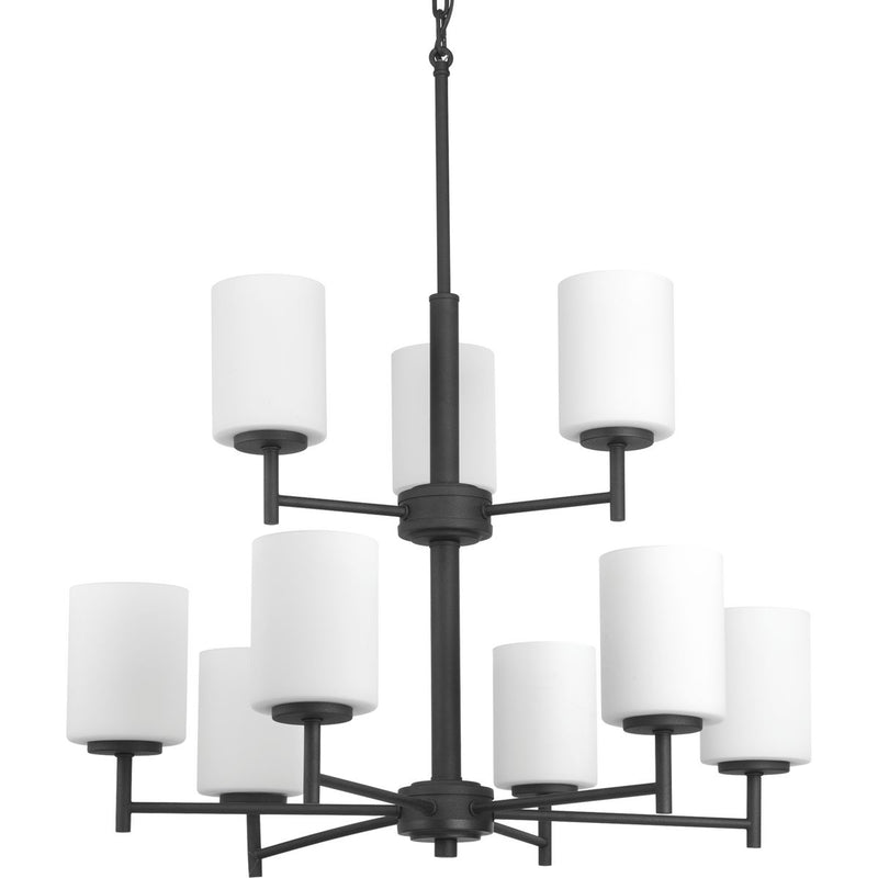 Progress P4726-31 Replay Collection Nine-Light Textured Black Etched Painted White Glass Modern Chandelier Light Main Image.jpg