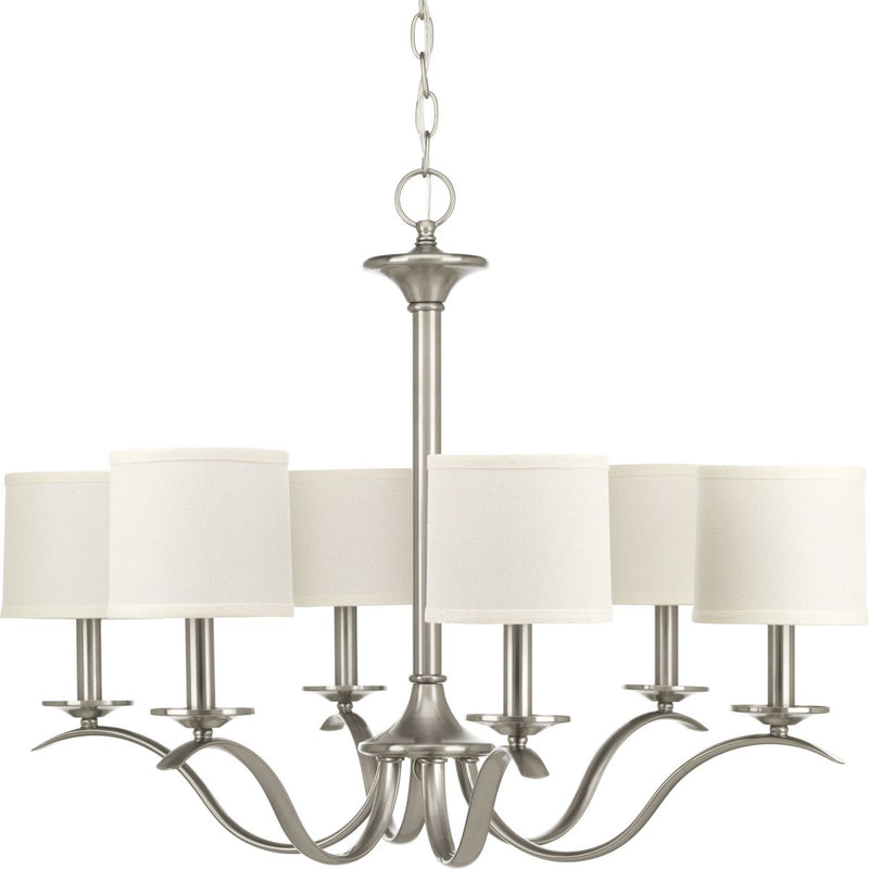 Progress P4739-09 Inspire Collection Six-Light Brushed Nickel White Linen Shade Traditional Chandelier Light Main Image.jpg