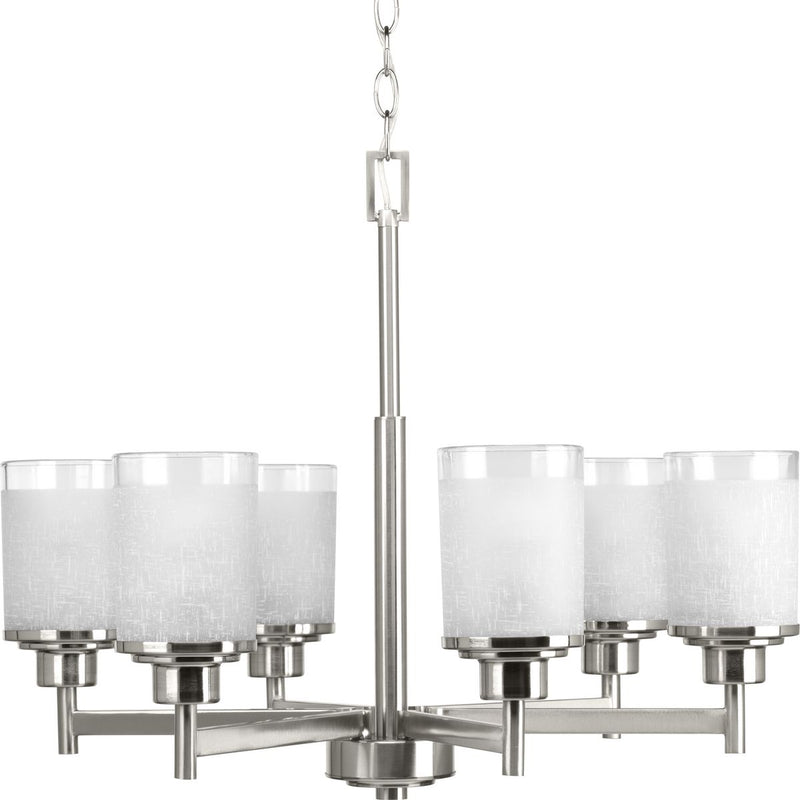 Progress P4758-09 Alexa Collection Six-Light Brushed Nickel Etched Linen With Clear Edge Glass Modern Chandelier Light Main Image.jpg