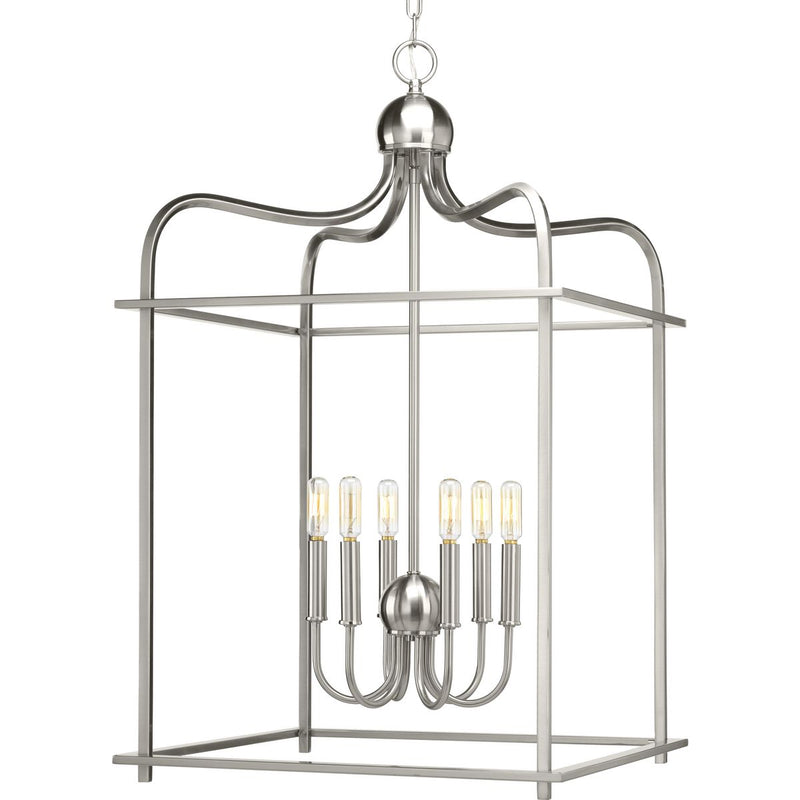 Progress P500037-009 Assembly Hall Collection Six-Light Brushed Nickel Coastal Pendant Light Main Image.jpg