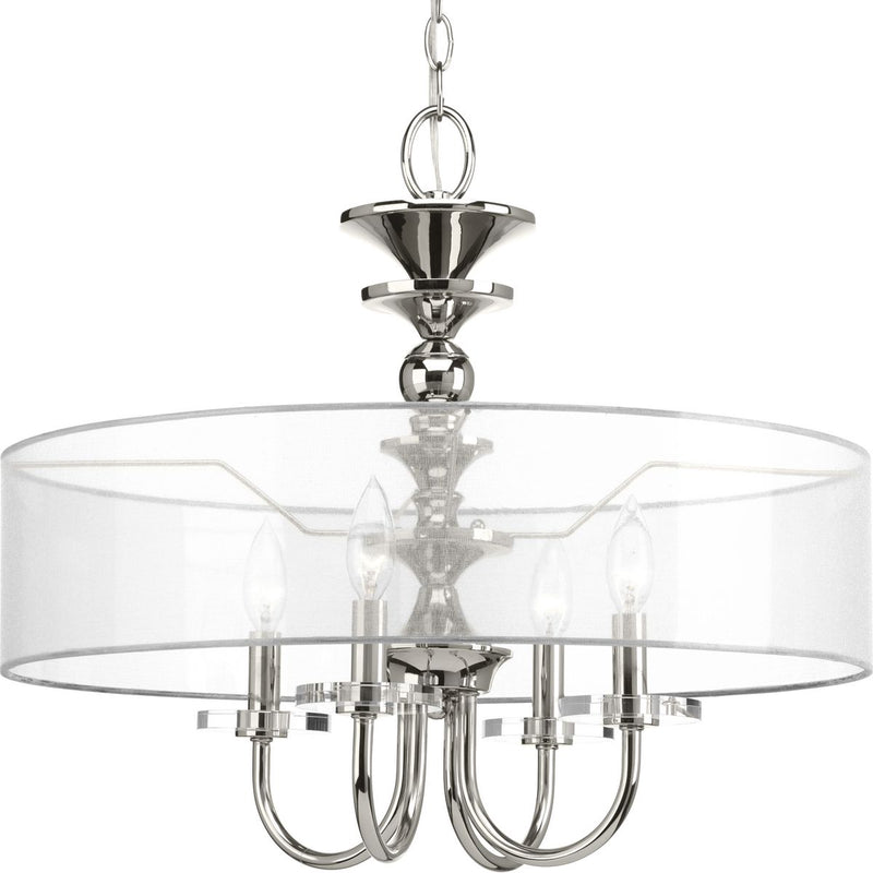 Progress P500043-104 Marche Collection Four-Light Polished Nickel Grey Mylar Shade Luxe Pendant Light Main Image.jpg