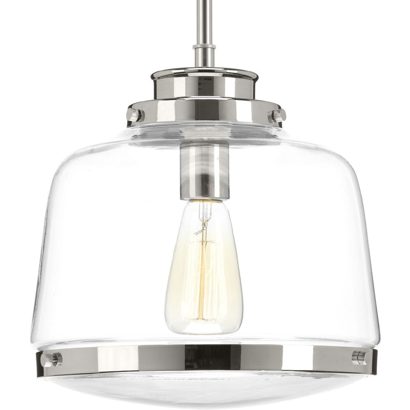 Progress P500061-104 Judson Collection One-Light Polished Nickel Clear Glass Farmhouse Pendant Light Main Image.jpg