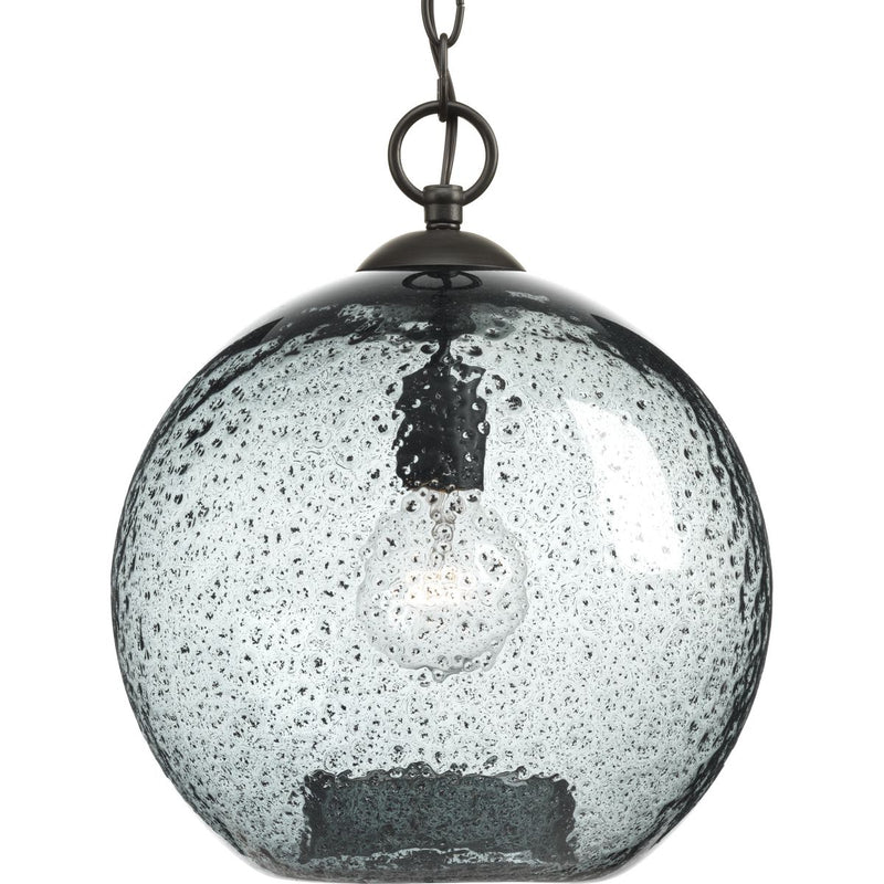 Progress P500063-020 Malbec Collection One-Light Antique Bronze Recycled Blue Textured Glass Global Pendant Light Main Image.jpg