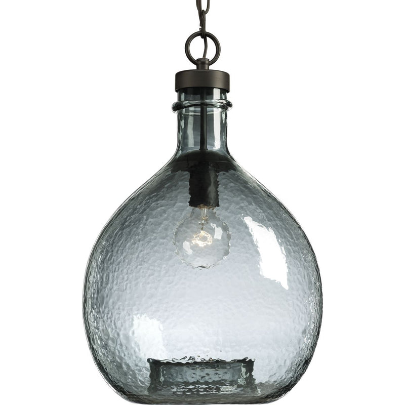 Progress P500064-020 Zin Collection One-Light Antique Bronze Recycled Blue Textured Glass Global Pendant Light Main Image.jpg