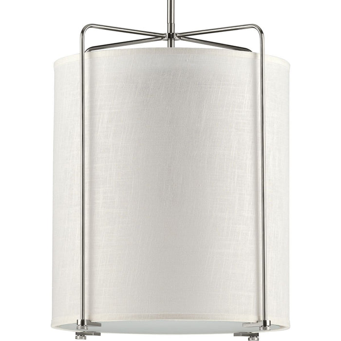 Progress P500139-009 Kempsey Collection Three-Light Brushed Nickel Summer Linen Shade Farmhouse Pendant Light Main Image.jpg