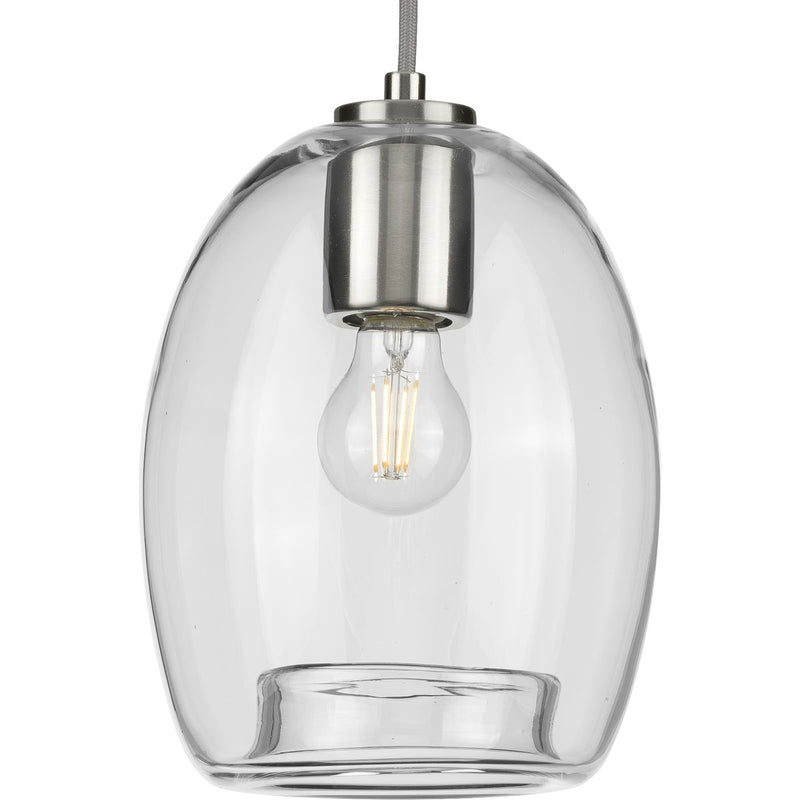 Progress P500159-009 Caisson Collection One-Light Brushed Nickel Clear Glass Global Pendant Light Main Image.jpg