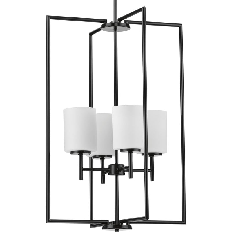 Progress P500206-031 Replay Collection Four-Light Textured Black Etched White Glass Modern Pendant Light Main Image.jpg