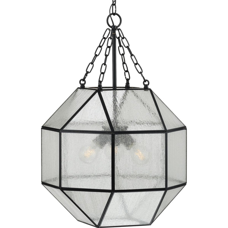 Progress P500222-031 Mauldin Collection Three-Light Matte Black Clear Seeded Glass Global Pendant Light Main Image.jpg
