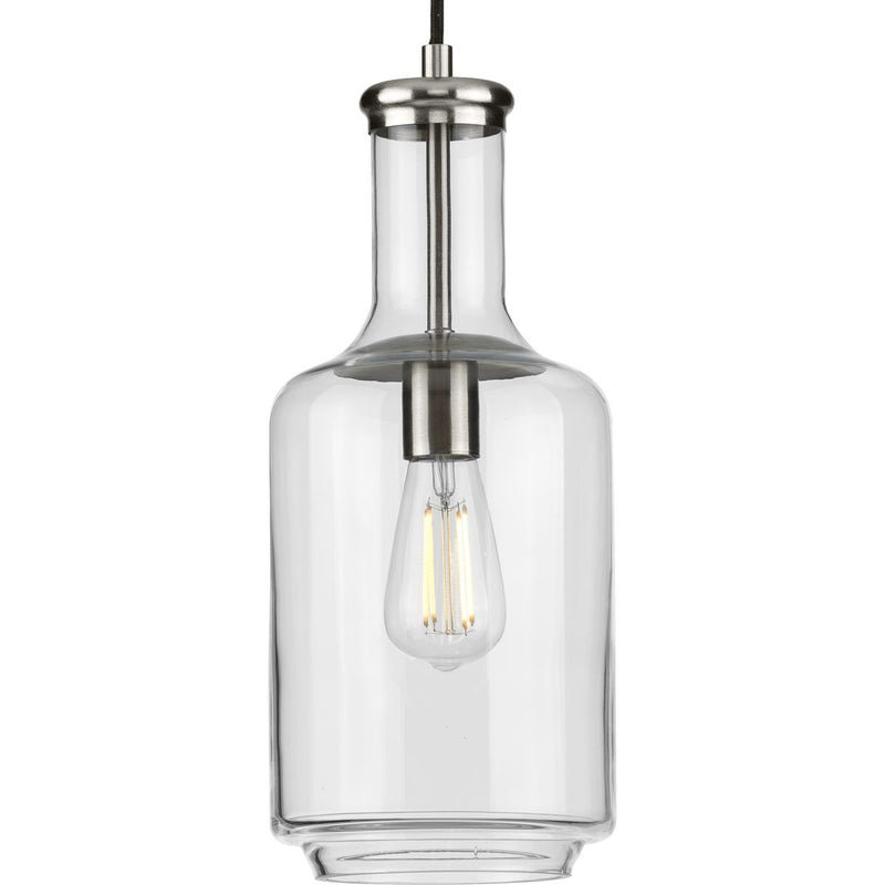 Progress P500229-009 Latrobe Collection One-Light Brushed Nickel Clear Glass Coastal Pendant Light Main Image.jpg
