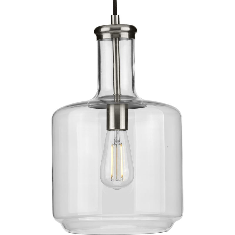 Progress P500230-009 Latrobe Collection One-Light Brushed Nickel Clear Glass Coastal Pendant Light Main Image.jpg