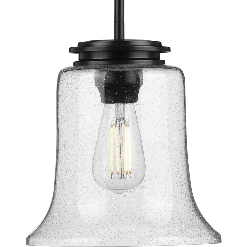 Progress P500238-031 Winslett Collection One-Light Matte Black Clear Seeded Glass Coastal Pendant Light Main Image.jpg