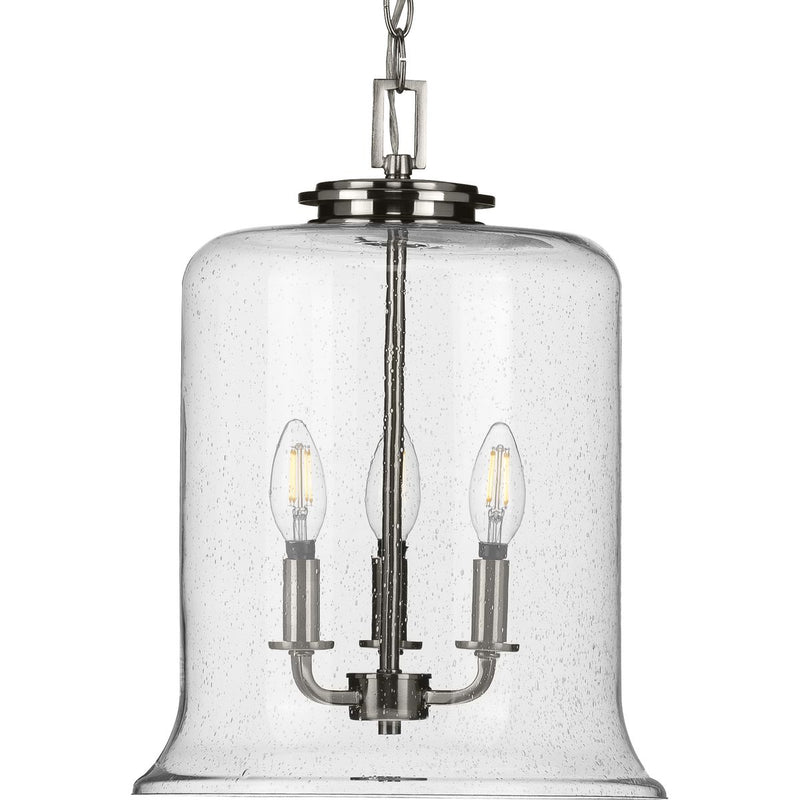 Progress P500239-009 Winslett Collection Three-Light Brushed Nickel Clear Seeded Glass Coastal Pendant Light Main Image.jpg