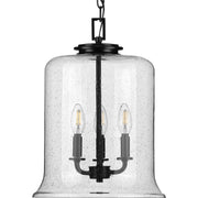 Progress P500239-031 Winslett Collection Three-Light Matte Black Clear Seeded Glass Coastal Pendant Light Main Image.jpg