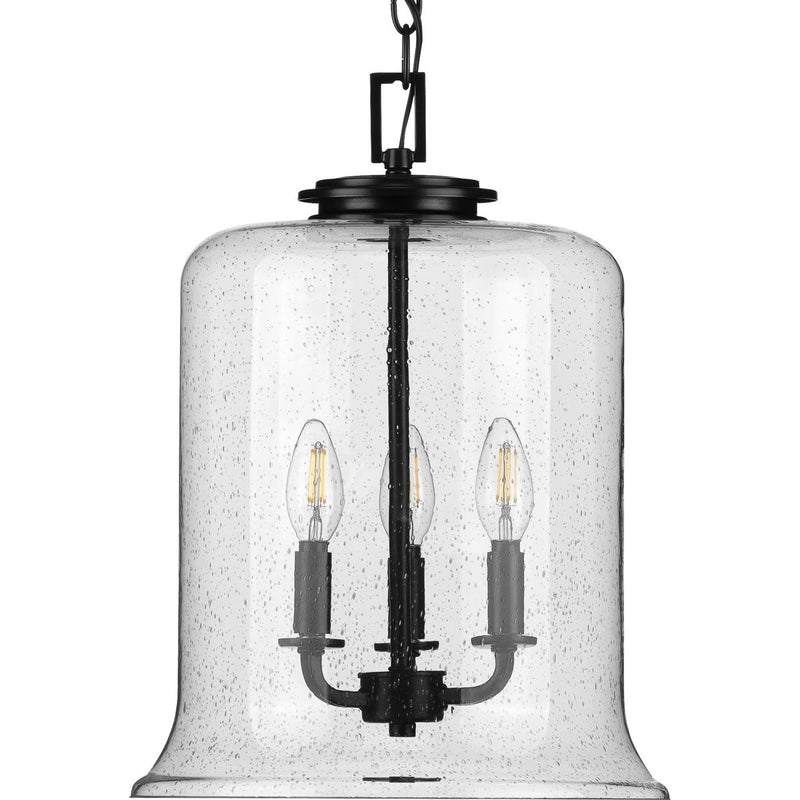 Progress P500239-031 Winslett Collection Three-Light Matte Black Clear Seeded Glass Coastal Pendant Light Main Image.jpg