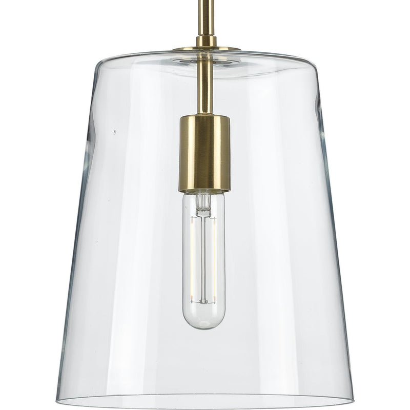 Progress P500241-012 Clarion Collection One-Light Satin Brass Clear Glass Coastal Pendant Light Main Image.jpg