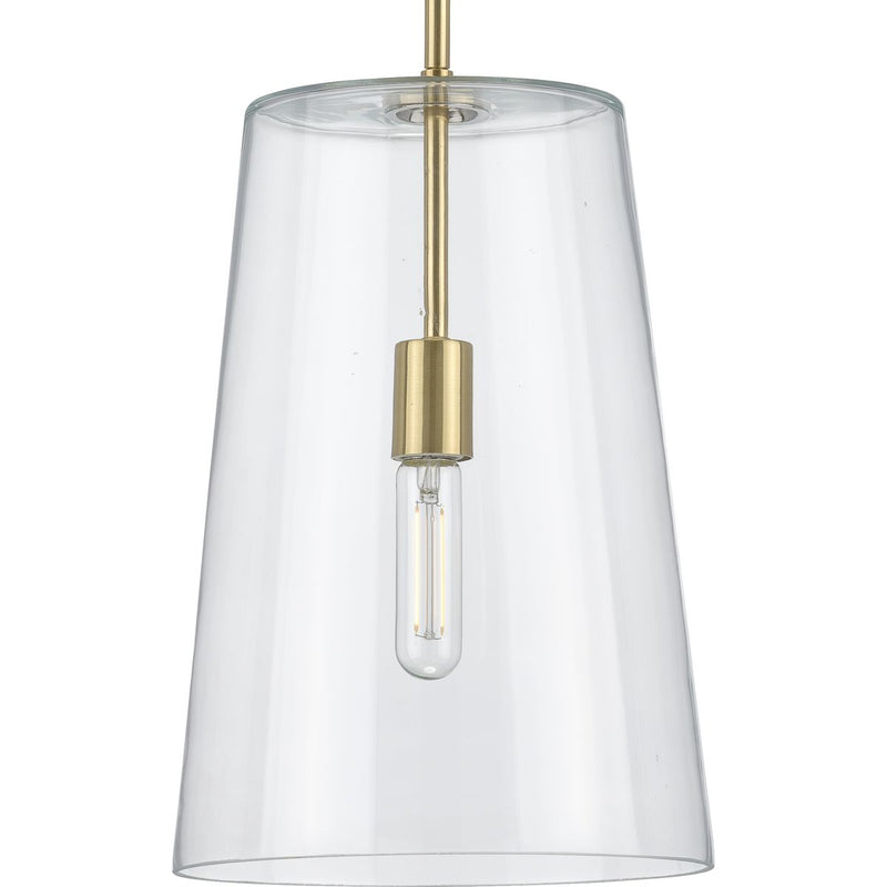 Progress P500242-012 Clarion Collection One-Light Satin Brass Clear Glass Coastal Pendant Light Main Image.jpg