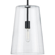 Progress P500242-031 Clarion Collection One-Light Matte Black Clear Glass Coastal Pendant Light Main Image.jpg