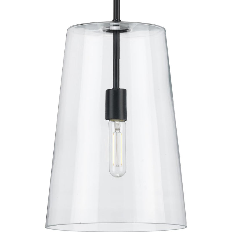 Progress P500242-031 Clarion Collection One-Light Matte Black Clear Glass Coastal Pendant Light Main Image.jpg