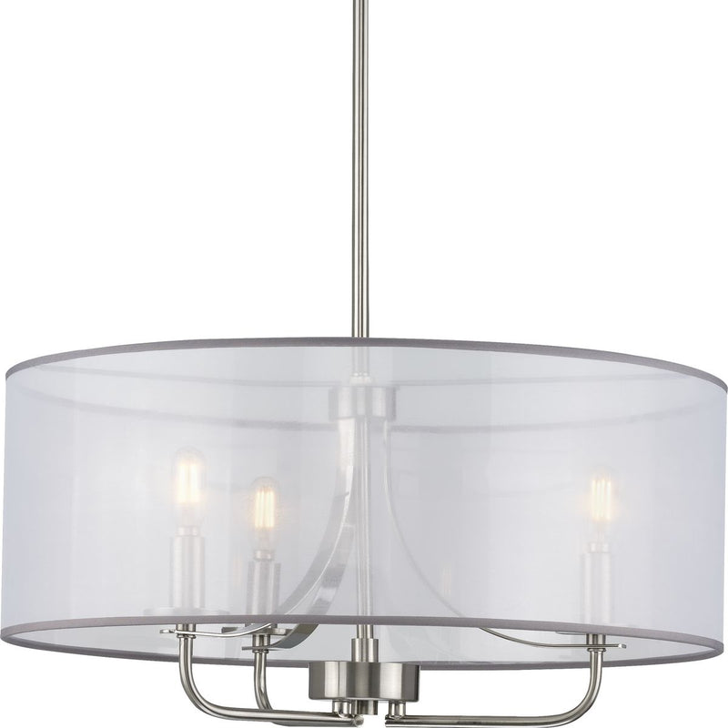 Progress P500243-009 Riley Collection Three-Light Brushed Nickel Organza Shade New Traditional Pendant Light Main Image.jpg