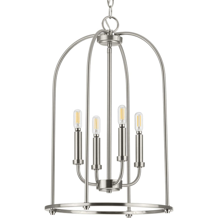 Progress P500302-009 Leyden Collection Four-Light Brushed Nickel Farmhouse Style Foyer Pendant Light Main Image.jpg