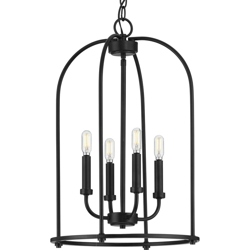 Progress P500302-031 Leyden Collection Four-Light Matte Black Farmhouse Style Foyer Pendant Light Main Image.jpg