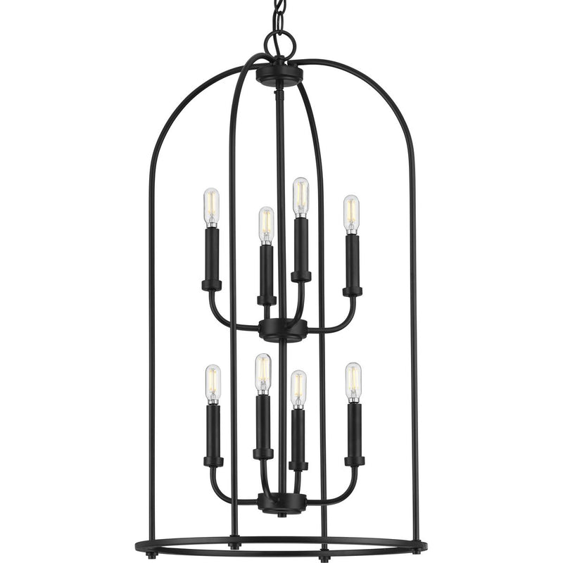 Progress P500303-031 Leyden Collection Eight-Light Matte Black Farmhouse Style Foyer Pendant Light Main Image.jpg