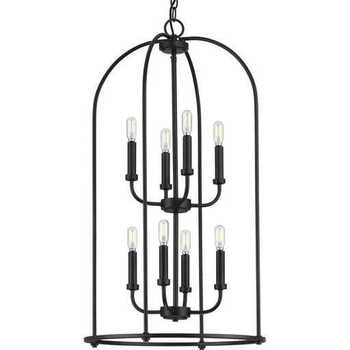 Progress P500303-031 Leyden Collection Eight-Light Matte Black Farmhouse Style Foyer Pendant Light Main Image.jpg