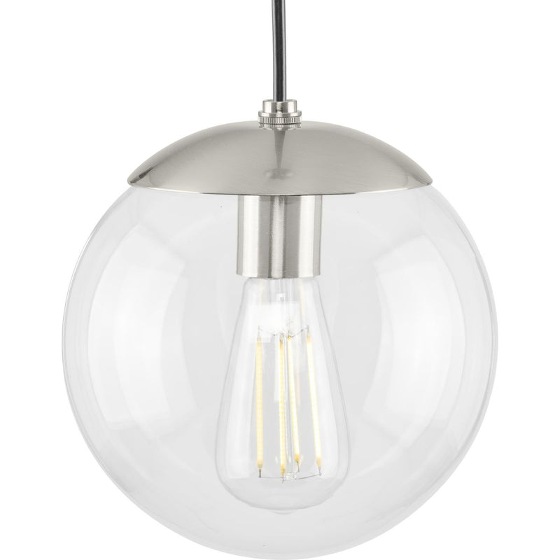 Progress P500309-009 Atwell Collection 8-inch Brushed Nickel and Clear Glass Globe Small Hanging Pendant Light Main Image.jpg