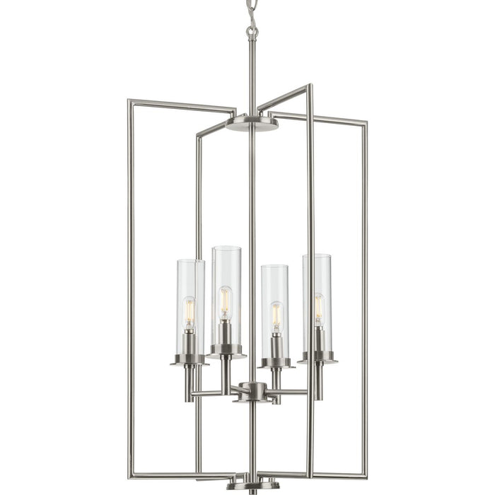 Progress P500315-009 Kellwyn Collection Four-Light Brushed Nickel and Clear Glass Transitional Style Foyer Pendant Light Main Image.jpg