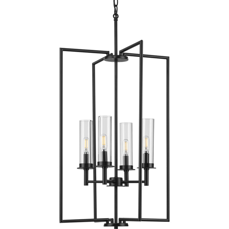 Progress P500315-031 Kellwyn Collection Four-Light Matte Black and Clear Glass Transitional Style Foyer Pendant Light Main Image.jpg