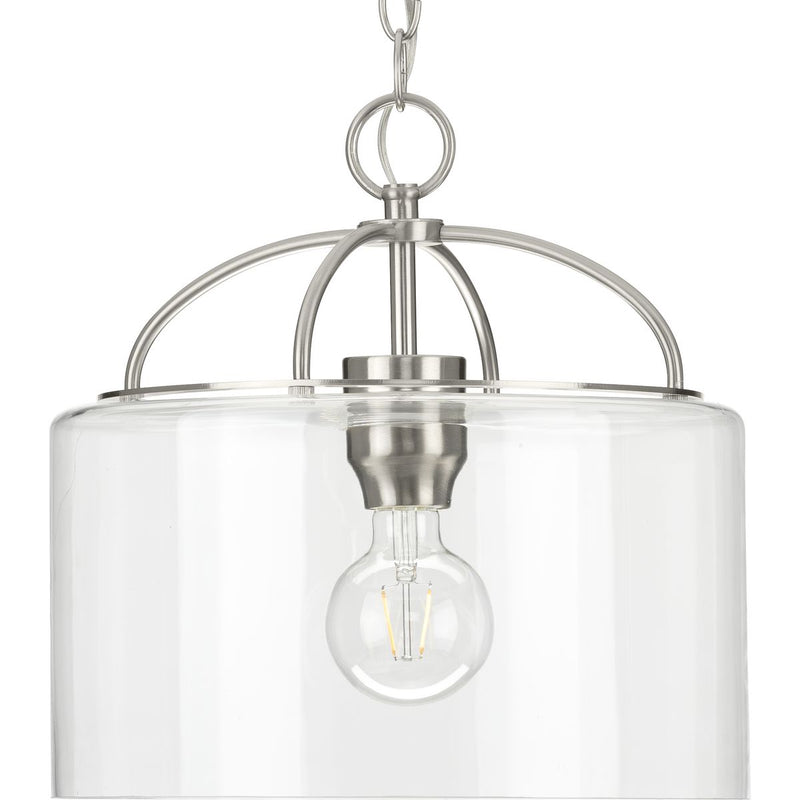 Progress P500316-009 Leyden Collection One-Light Brushed Nickel and Clear Glass Farmhouse Style Hanging Pendant Light Main Image.jpg