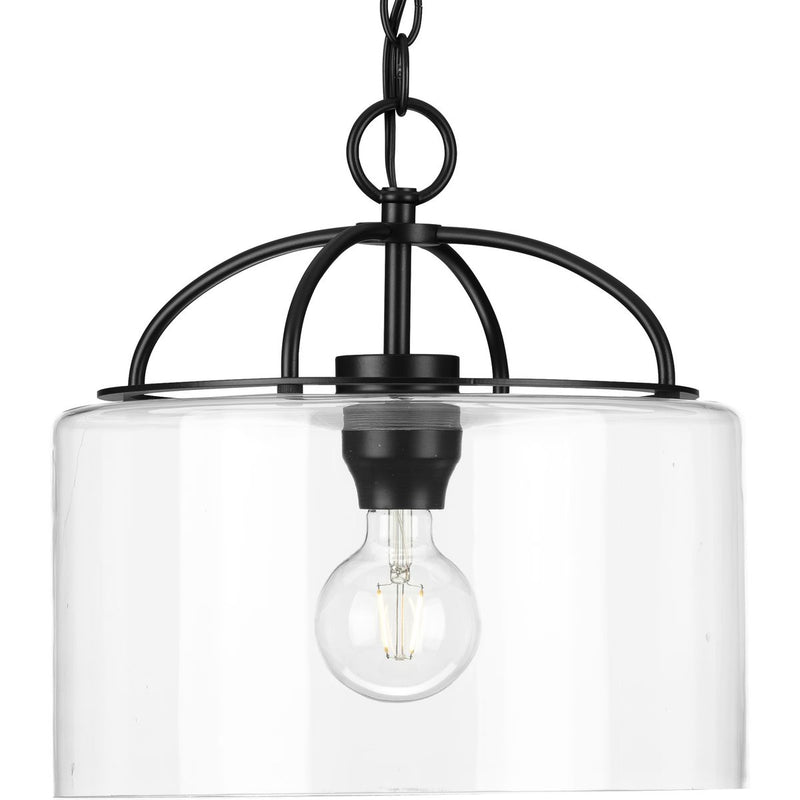Progress P500316-031 Leyden Collection One-Light Matte Black and Clear Glass Farmhouse Style Hanging Pendant Light Main Image.jpg