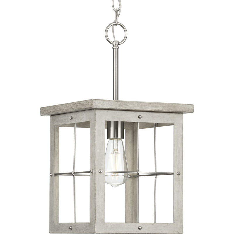 Progress P500317-009 Hedgerow Collection One-Light Brushed Nickel and Grey Washed Oak Farmhouse Style Hanging Mini-Pendant Light Main Image.jpg