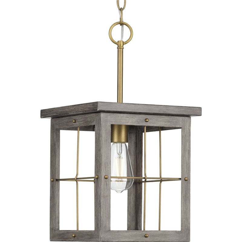 Progress P500317-175 Hedgerow Collection One-Light Distressed Brass and Aged Oak Farmhouse Style Hanging Mini-Pendant Light Main Image.jpg