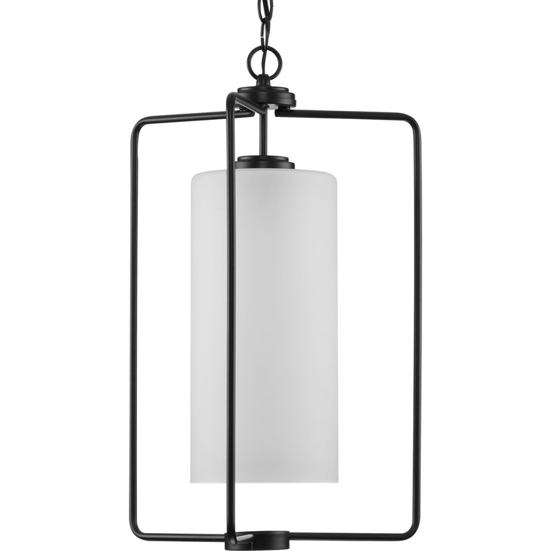 Progress P500333-031 Merry Collection One-Light Matte Black and Etched Glass Transitional Style Foyer Pendant Light Main Image.jpg