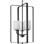Progress P500342-31M League Collection Three-Light Matte Black and Etched Glass Modern Farmhouse Foyer Chandelier Light Main Image.jpg