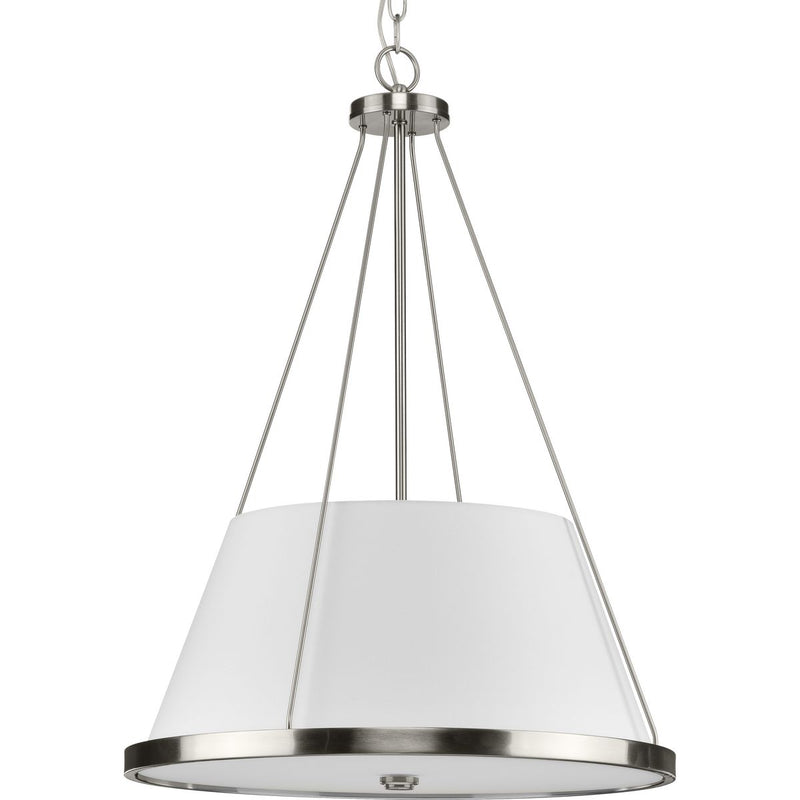 Progress P500357-009 Saffert Collection Three-Light New Traditional Brushed Nickel White Linen Shade Pendant Light Main Image.jpg