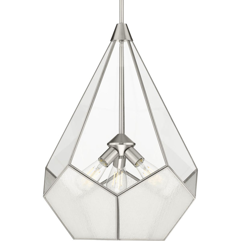 Progress P5322-09 Cinq Collection Three-Light Brushed Nickel Clear Glass Global Pendant Light Main Image.jpg