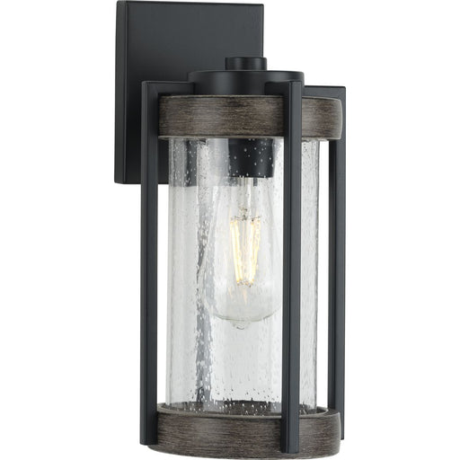 Progress P560281-31M Whitmire Collection  One-Light Matte Black with Aged Oak Accents Clear Seeded Glass Farmhouse Outdoor Wall Lantern Light Main Image.jpg