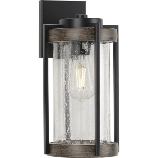 Progress P560282-31M Whitmire Collection  One-Light Matte Black with Aged Oak Accents Clear Seeded Glass Farmhouse Outdoor Wall Lantern Light Main Image.jpg