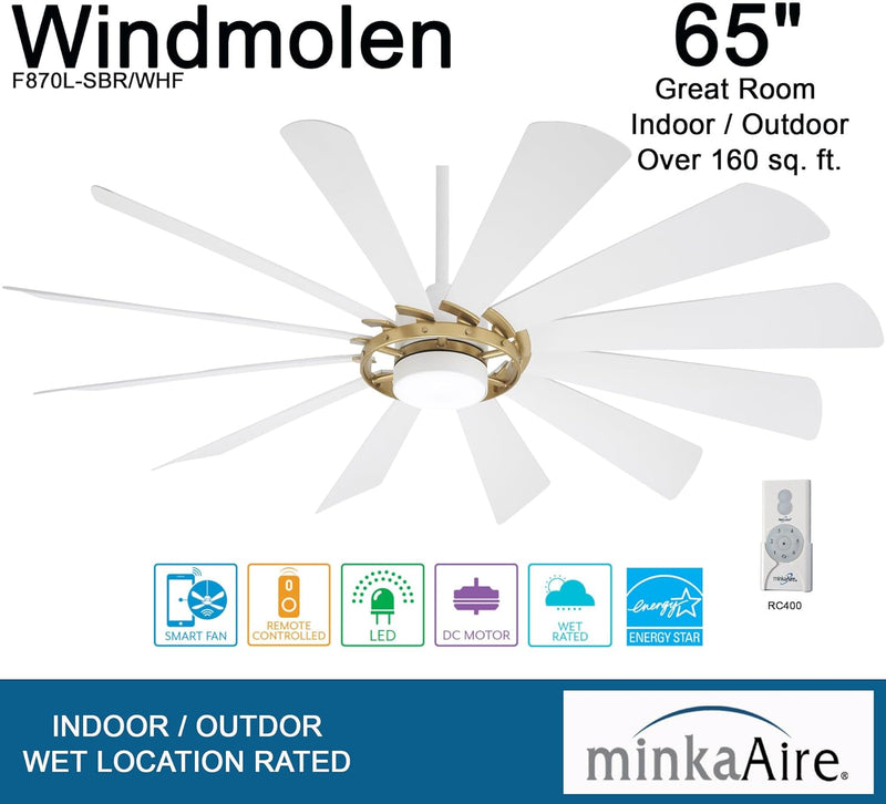 Minka-Aire F870L-SBR/WHF Windmolen - LED 65" Smart Ceiling Fan, Soft Brass with Flat White Blades Alternate Image 3.jpg