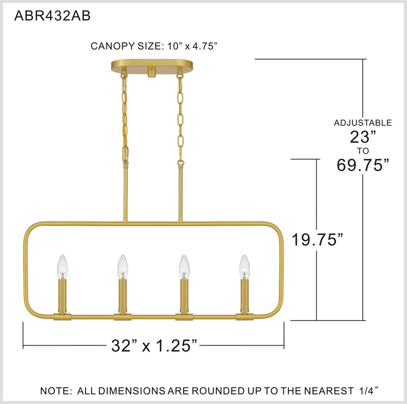 Quoizel ABR432AB Abner Four Light Linear Chandelier, Aged Brass Alternate Image 6.jpg