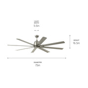 Kichler 310275NI 75"Ceiling Fan, Brushed Nickel (4)